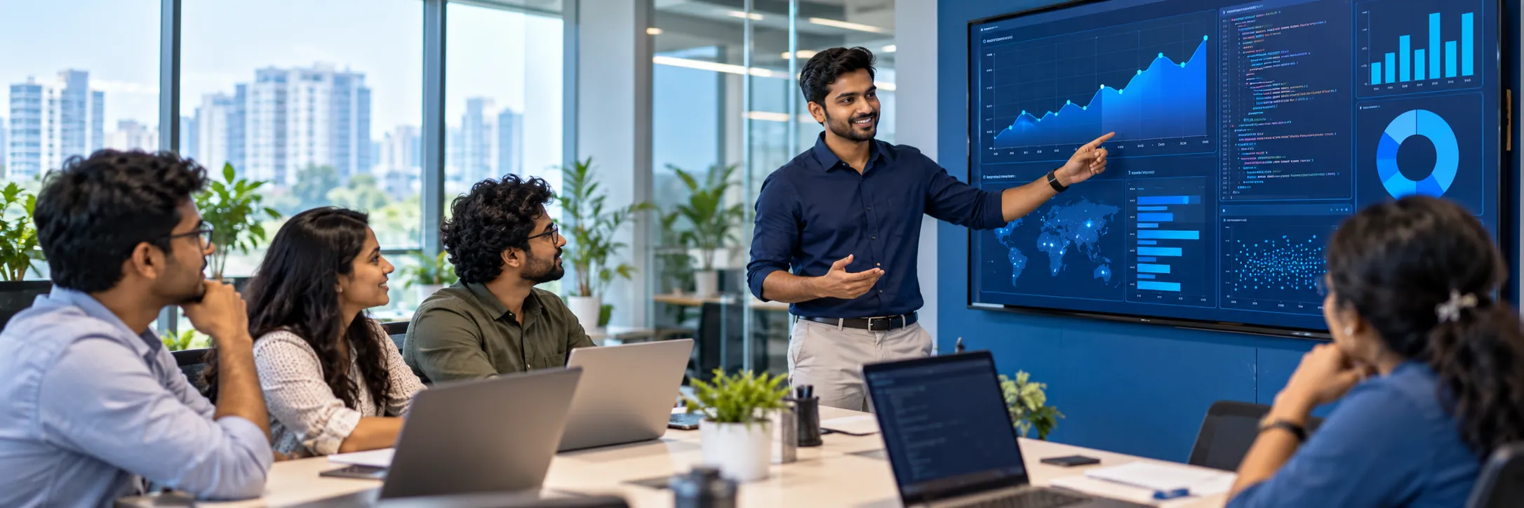 Instructor guiding a company team through data and AI charts