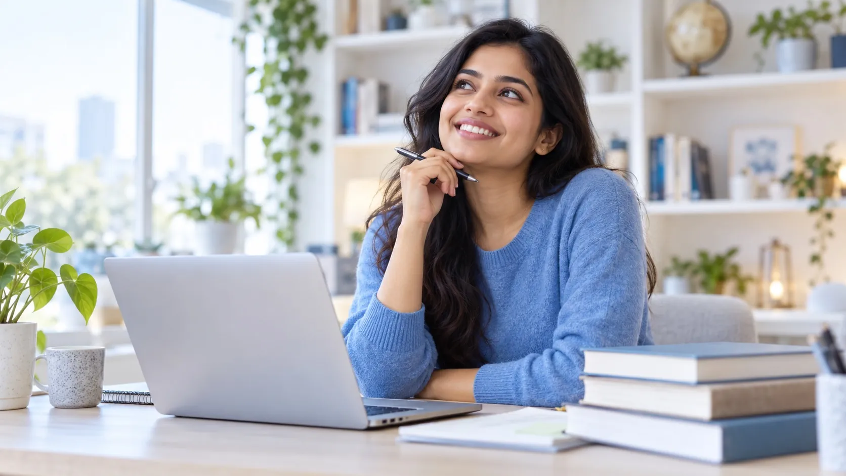 Learner smiling at her desk with a laptop